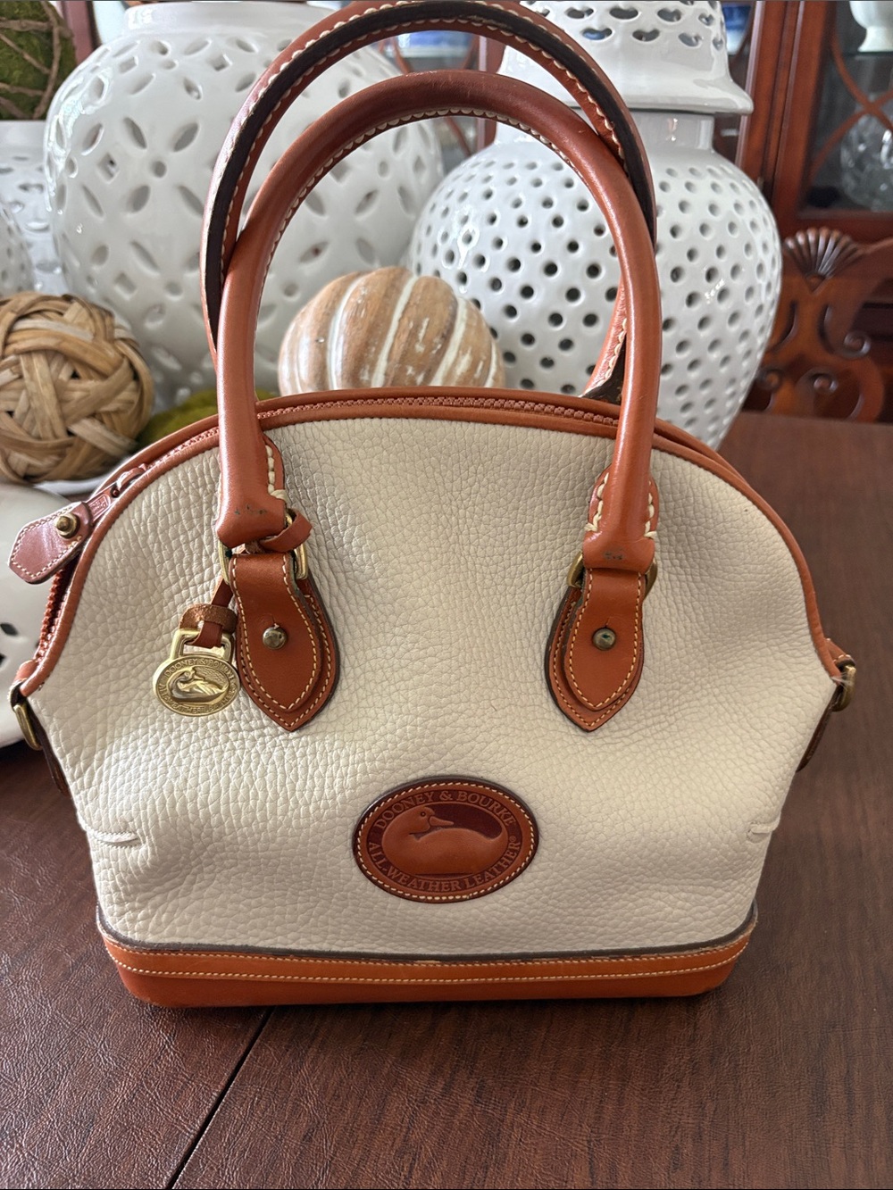 VINTAGE Dooney & Bourke Cream and Tan Pebbled Leather Dome Satchel